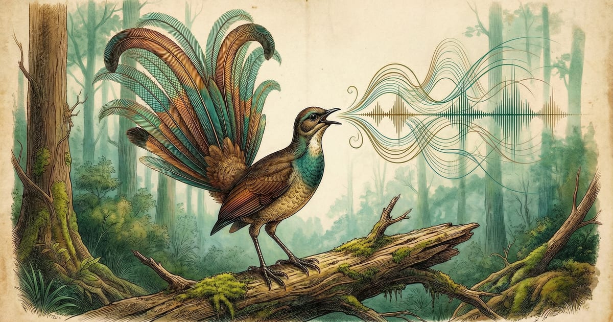 A lyrebird singing, its song drawn as a sound wave